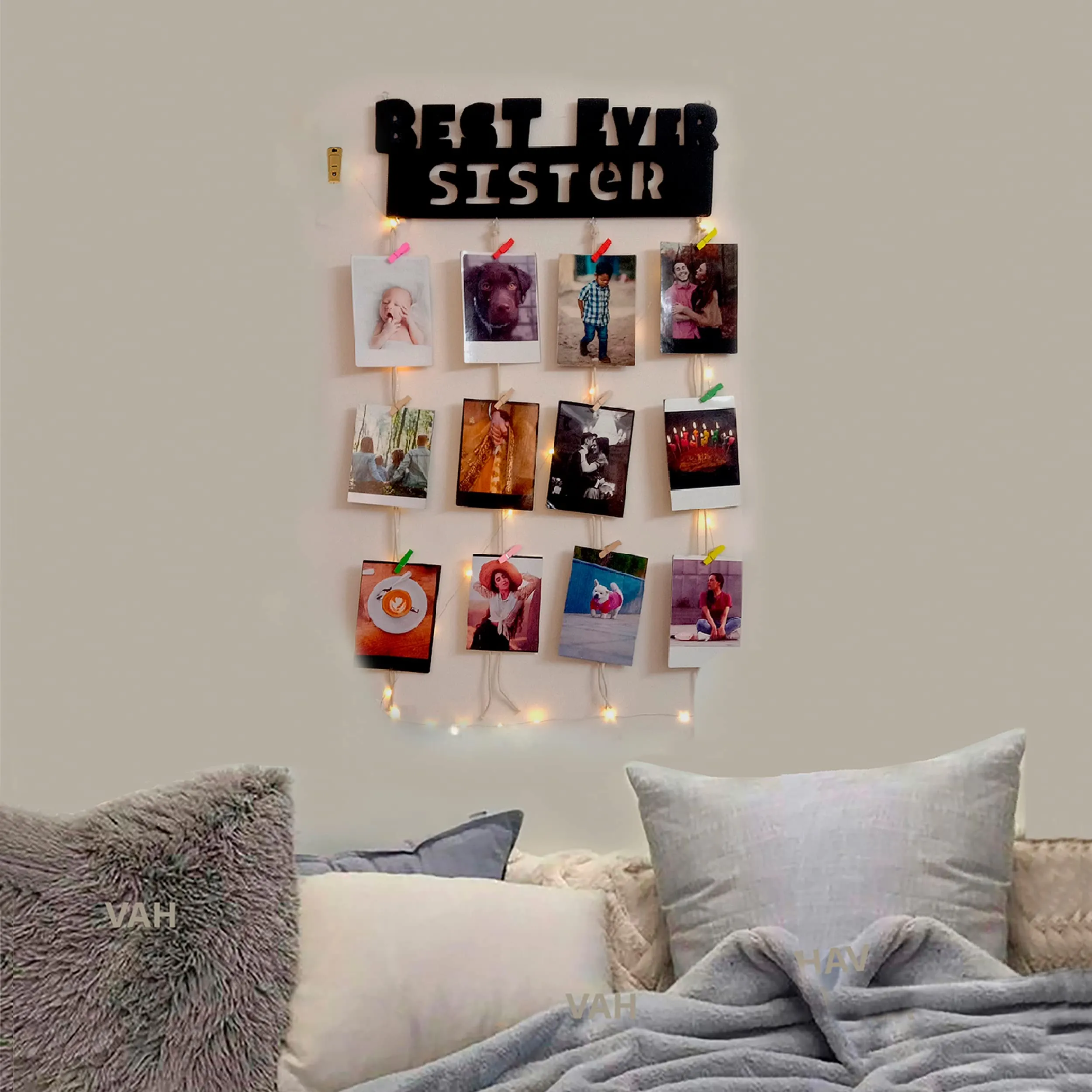 VAH- Kya Bat Hai !! Best Sister Ever Designed Hanging Display Picture Frame Collage with Wood Clips and LED Light for Wall Decor