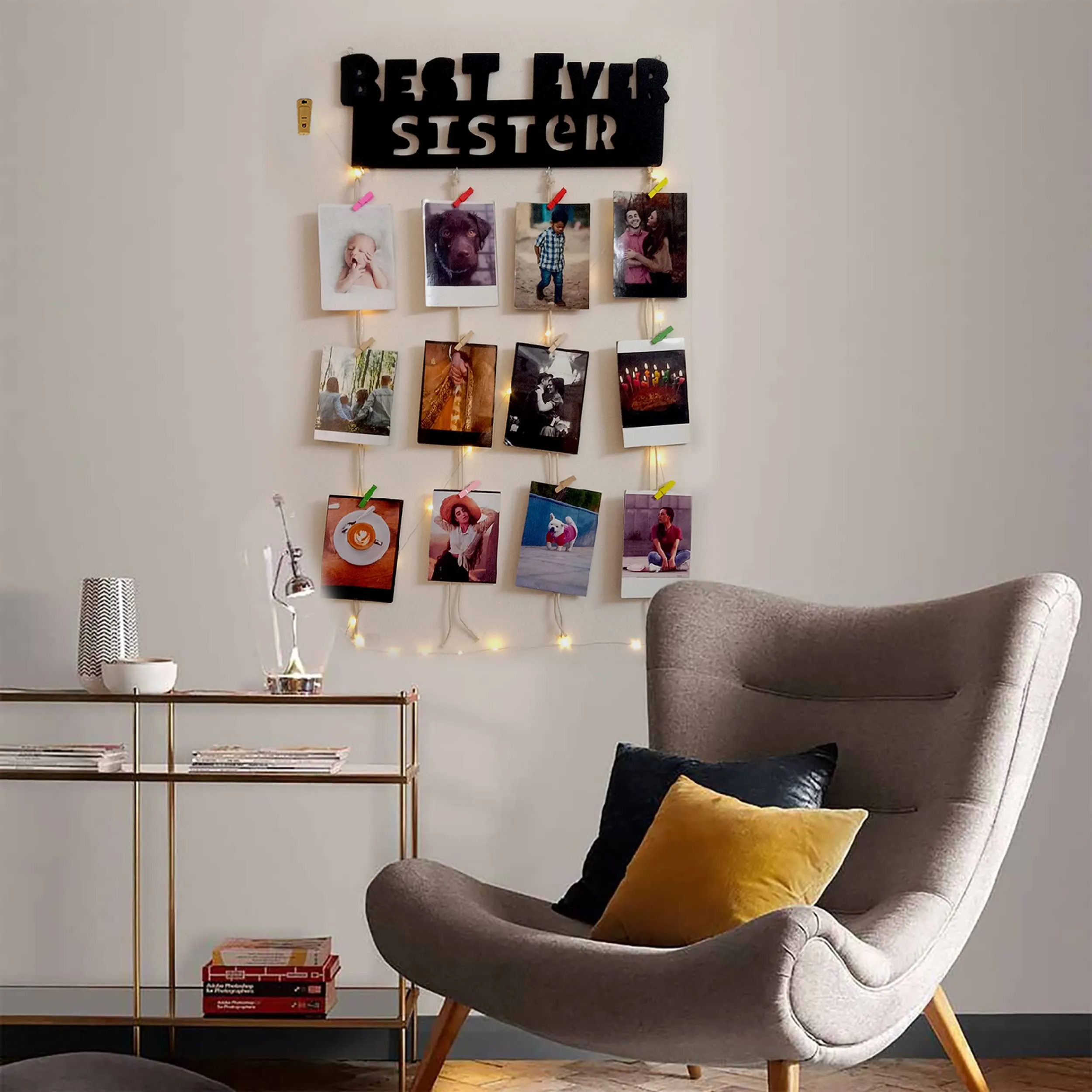 VAH- Kya Bat Hai !! Best Sister Ever Designed Hanging Display Picture Frame Collage with Wood Clips and LED Light for Wall Decor