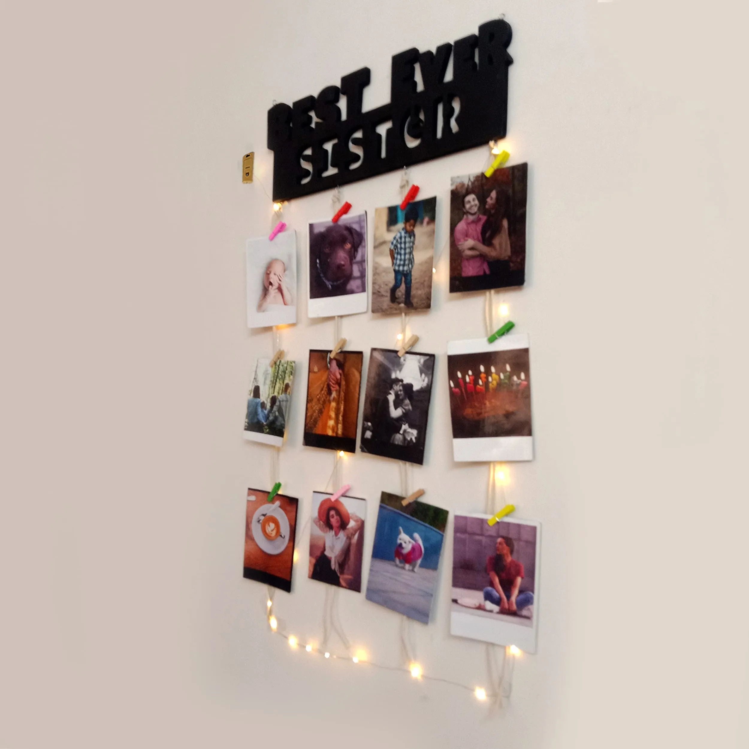 VAH- Kya Bat Hai !! Best Sister Ever Designed Hanging Display Picture Frame Collage with Wood Clips and LED Light for Wall Decor