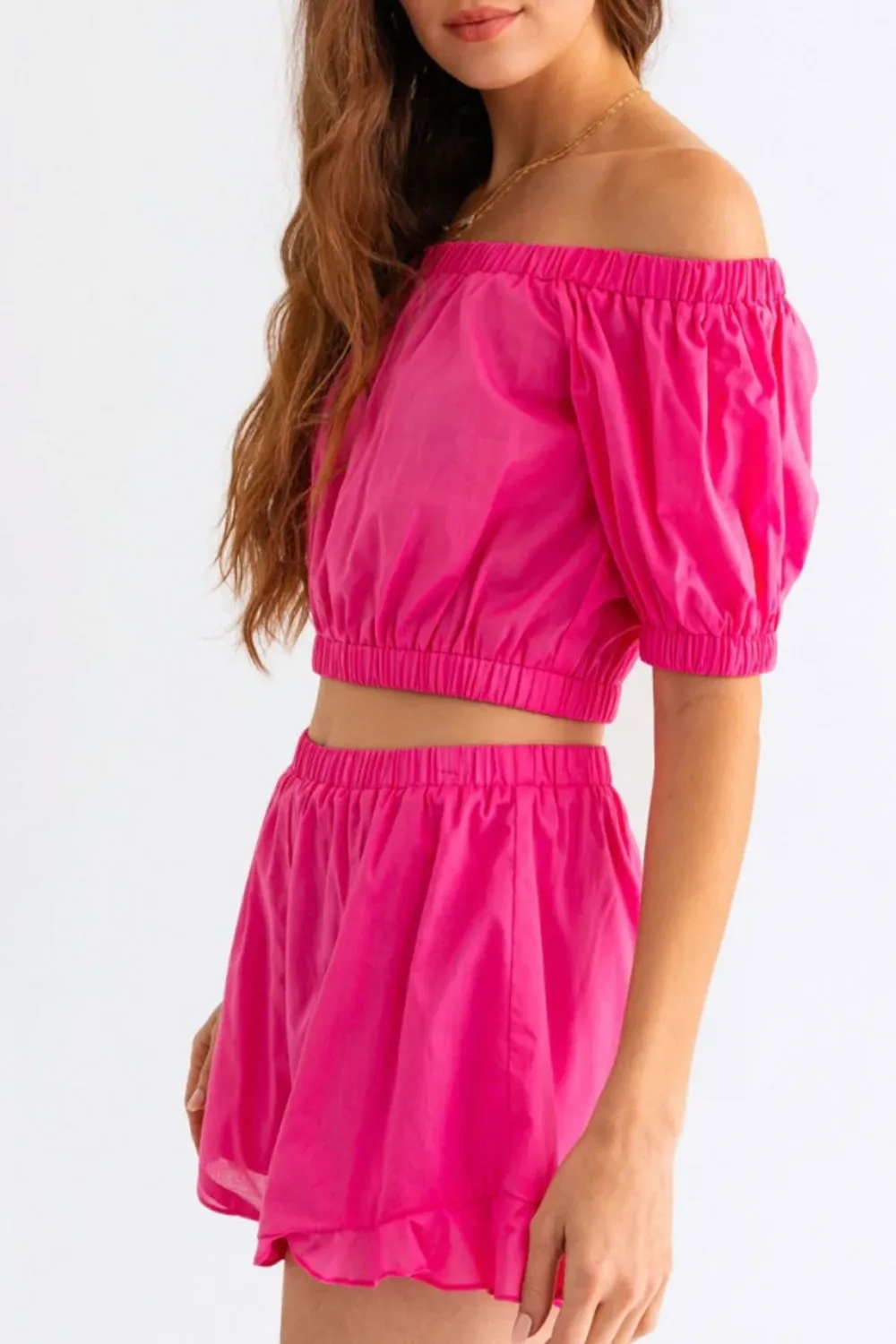 Women's Le Lis Off Shoulder Crop Top and Ruffled Shorts Set